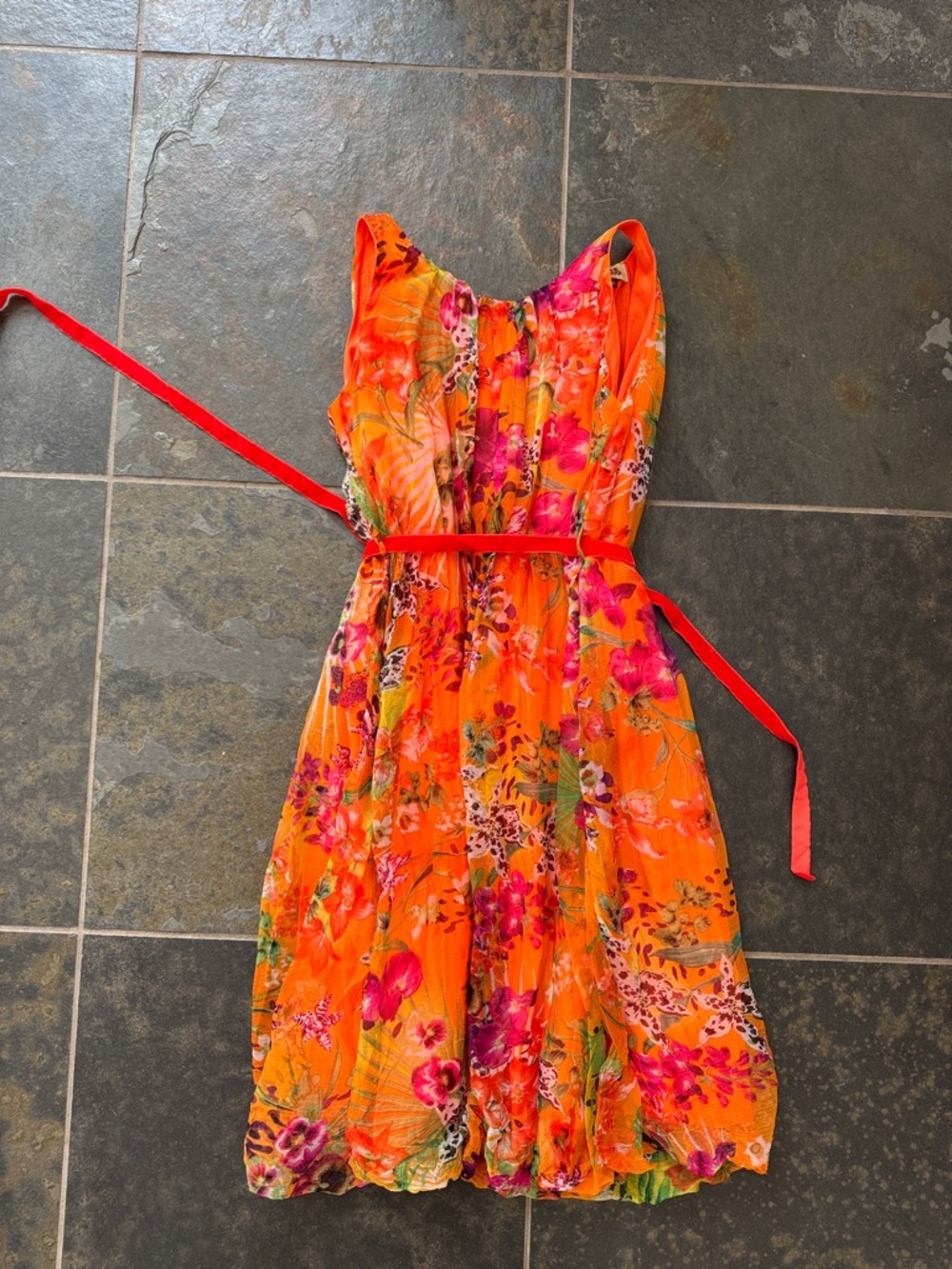 Girls' Orange Floral Fit-and-Flare Dress with Red Sash